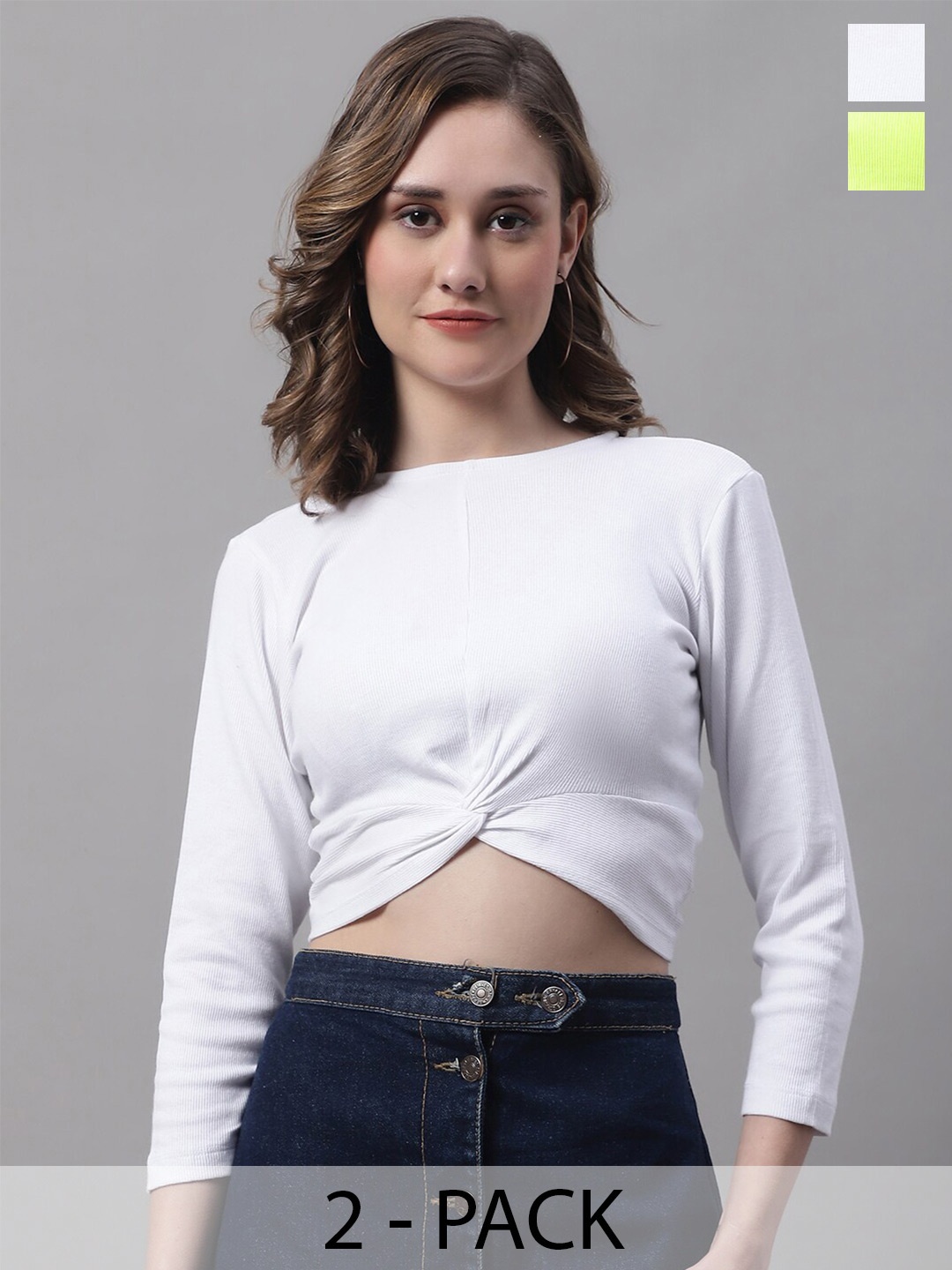 

FBAR Pack Of 2 Ribbed Round Neck Cotton Crop Top, White