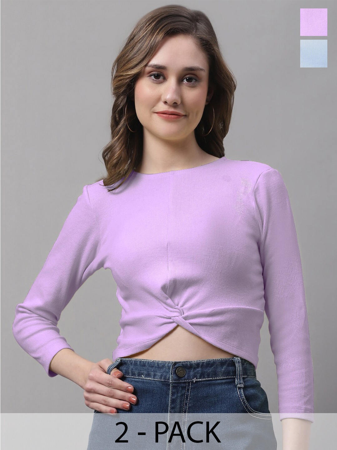 

FBAR Pack Of 2 Ribbed Round Neck Cotton Crop Top, Purple