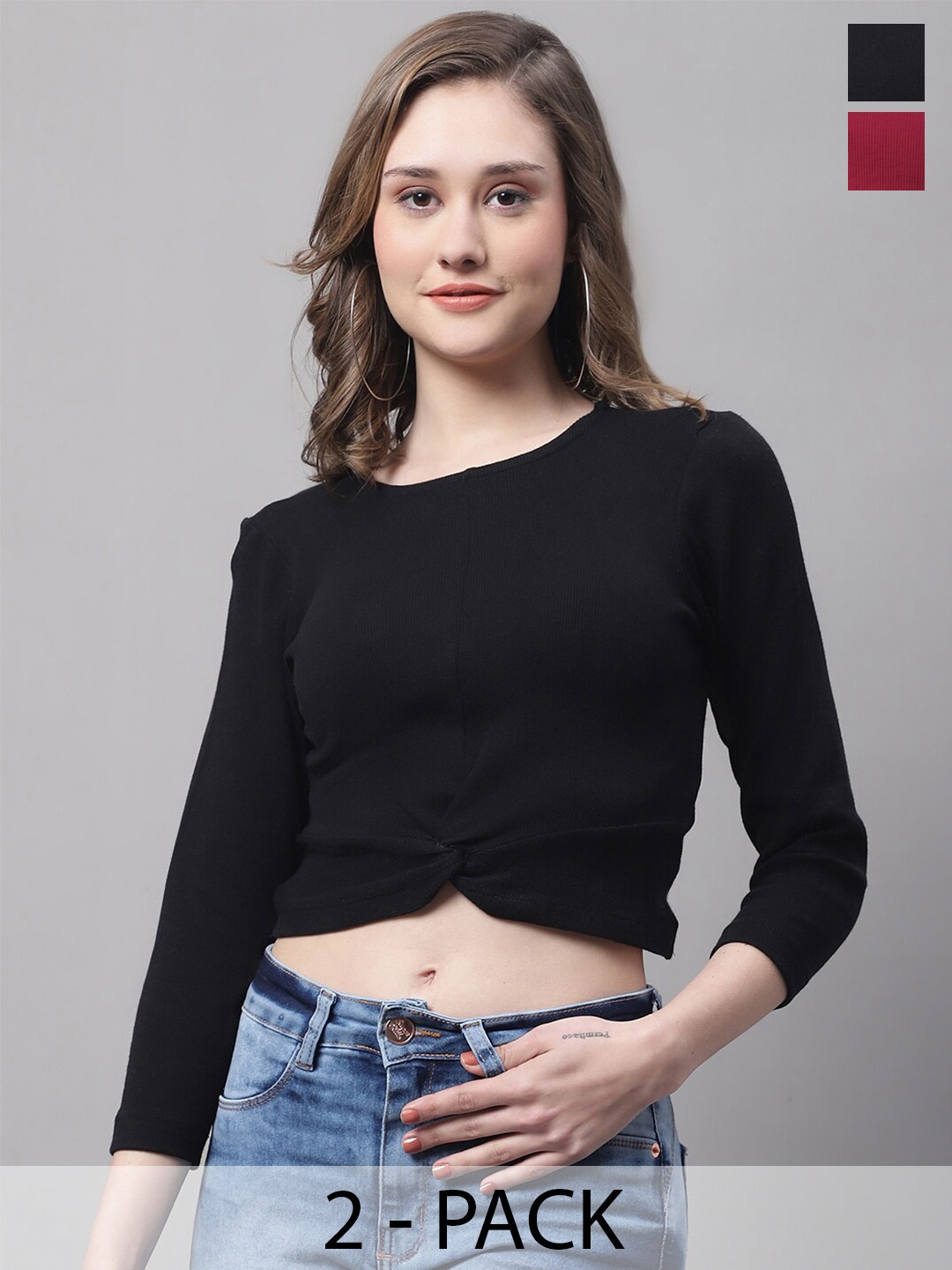 

FBAR Pack Of 2 Ribbed Round Neck Cotton Crop Top, Black