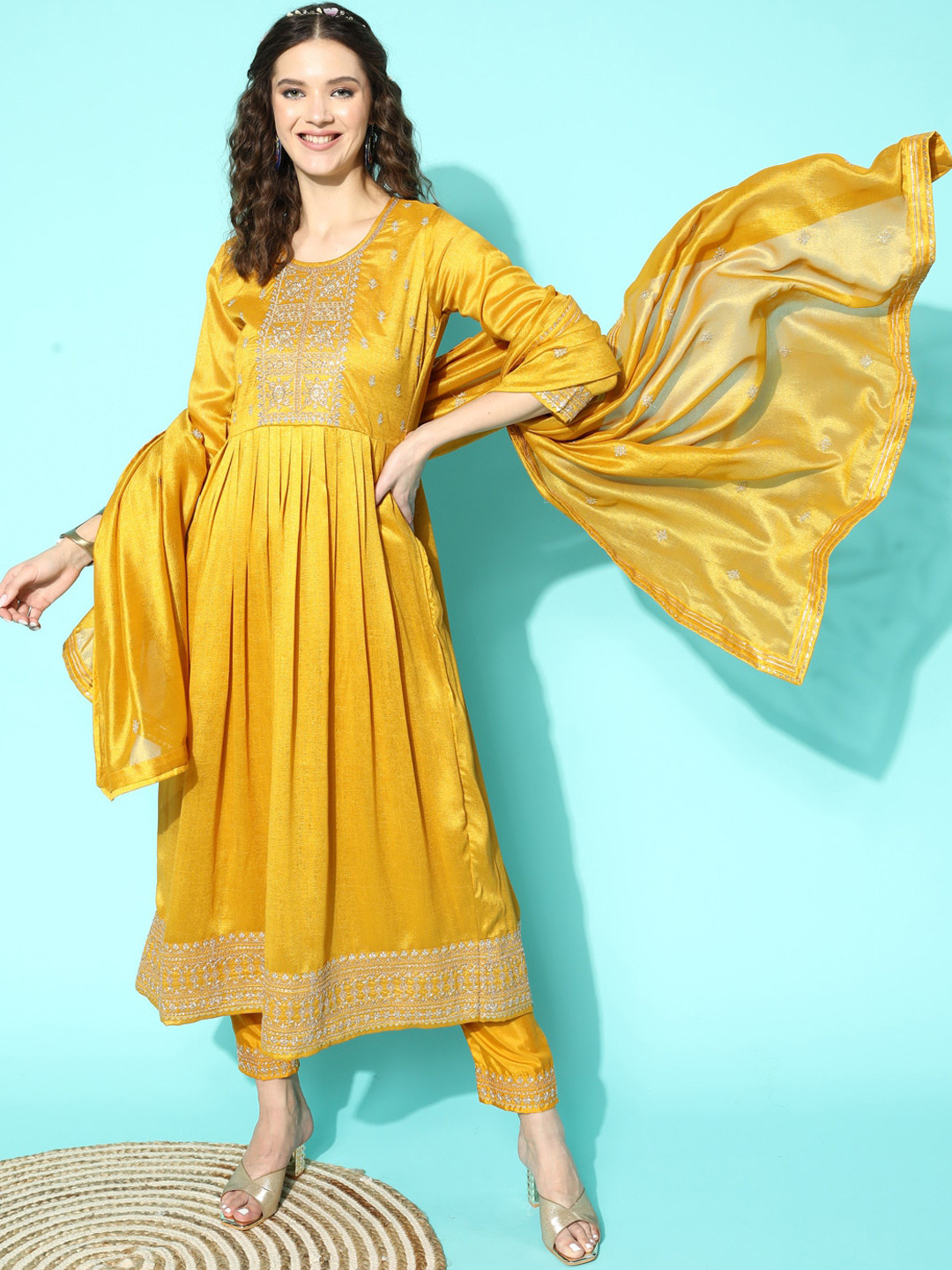 

Kvsfab Floral Yoke Design Empire Sequinned Anarkali Kurta With Trousers & Dupatta, Yellow