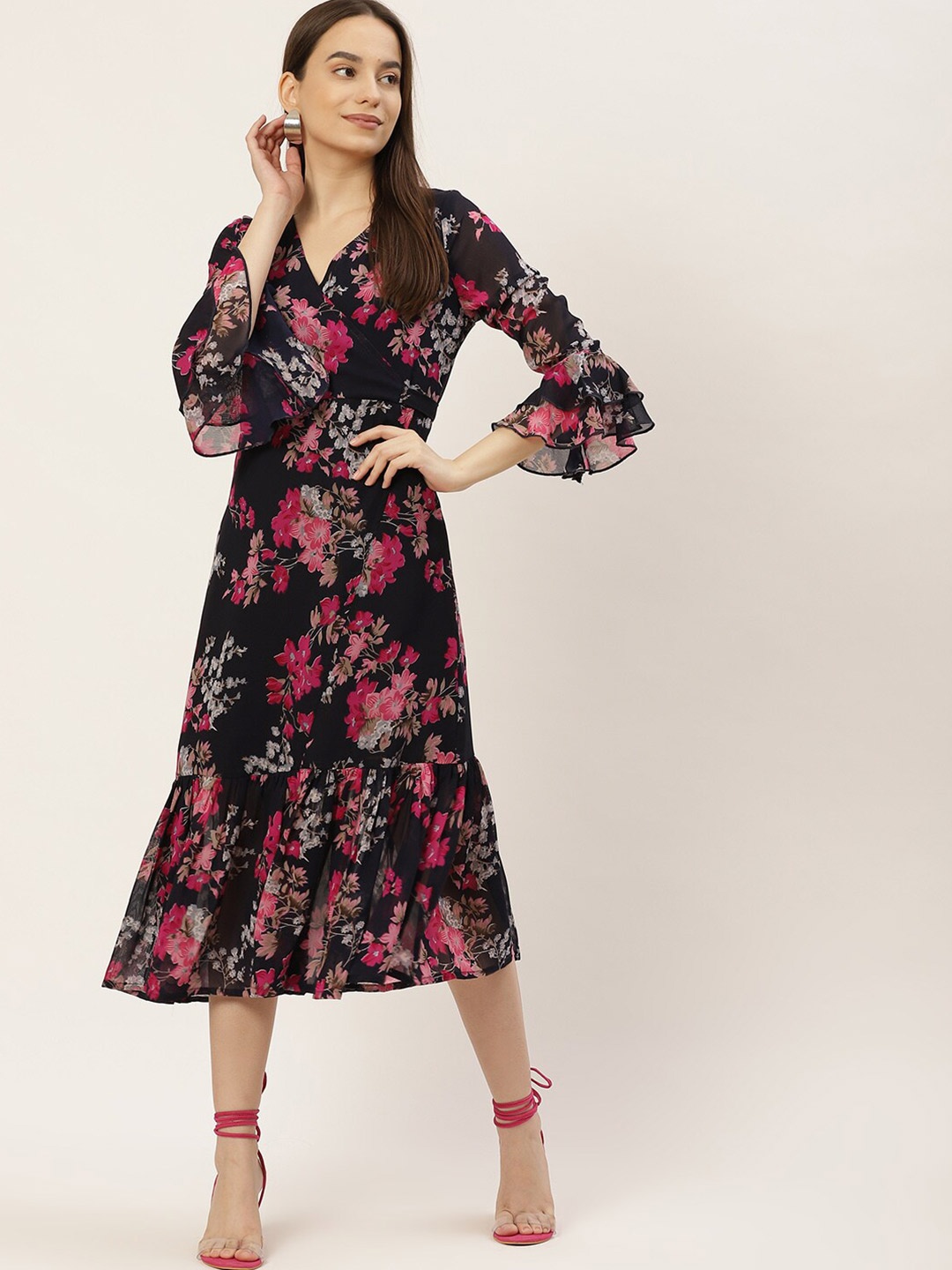 

WISSTLER Floral Printed Bell Sleeves Georgette Wrap Midi Dress, Navy blue