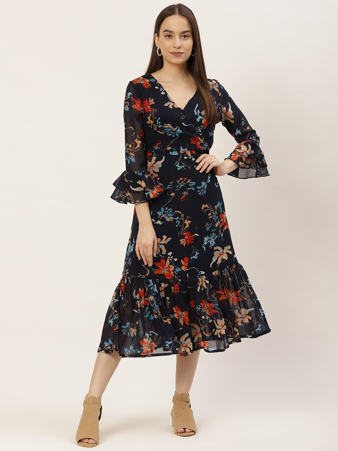 WISSTLER Floral Printed Bell Sleeves Georgette Wrap Midi Dress, Navy blue