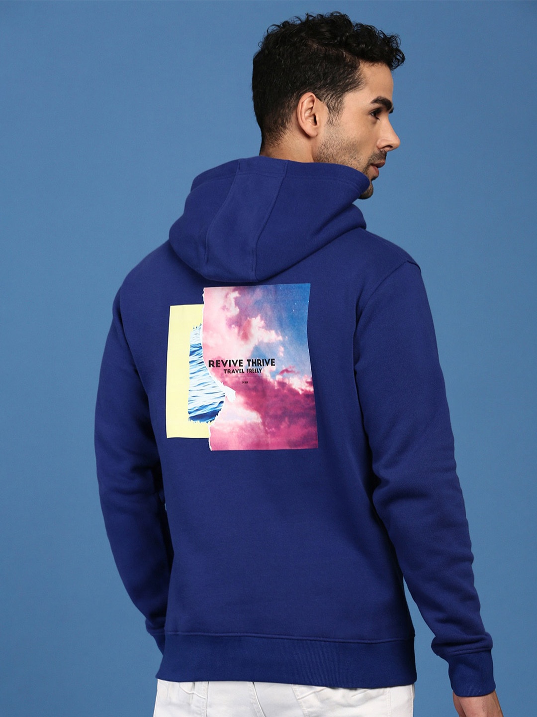 

Mast & Harbour Blue Graphic Printed Hooded Cotton Sweatshirt
