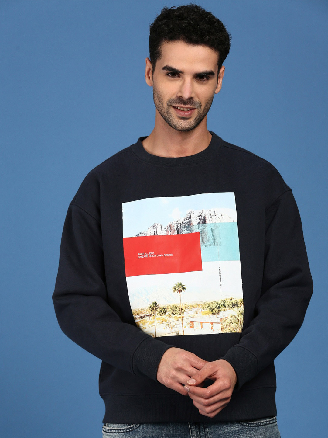 

Mast & Harbour Navy Blue Graphic Printed Hooded Cotton Sweatshirt