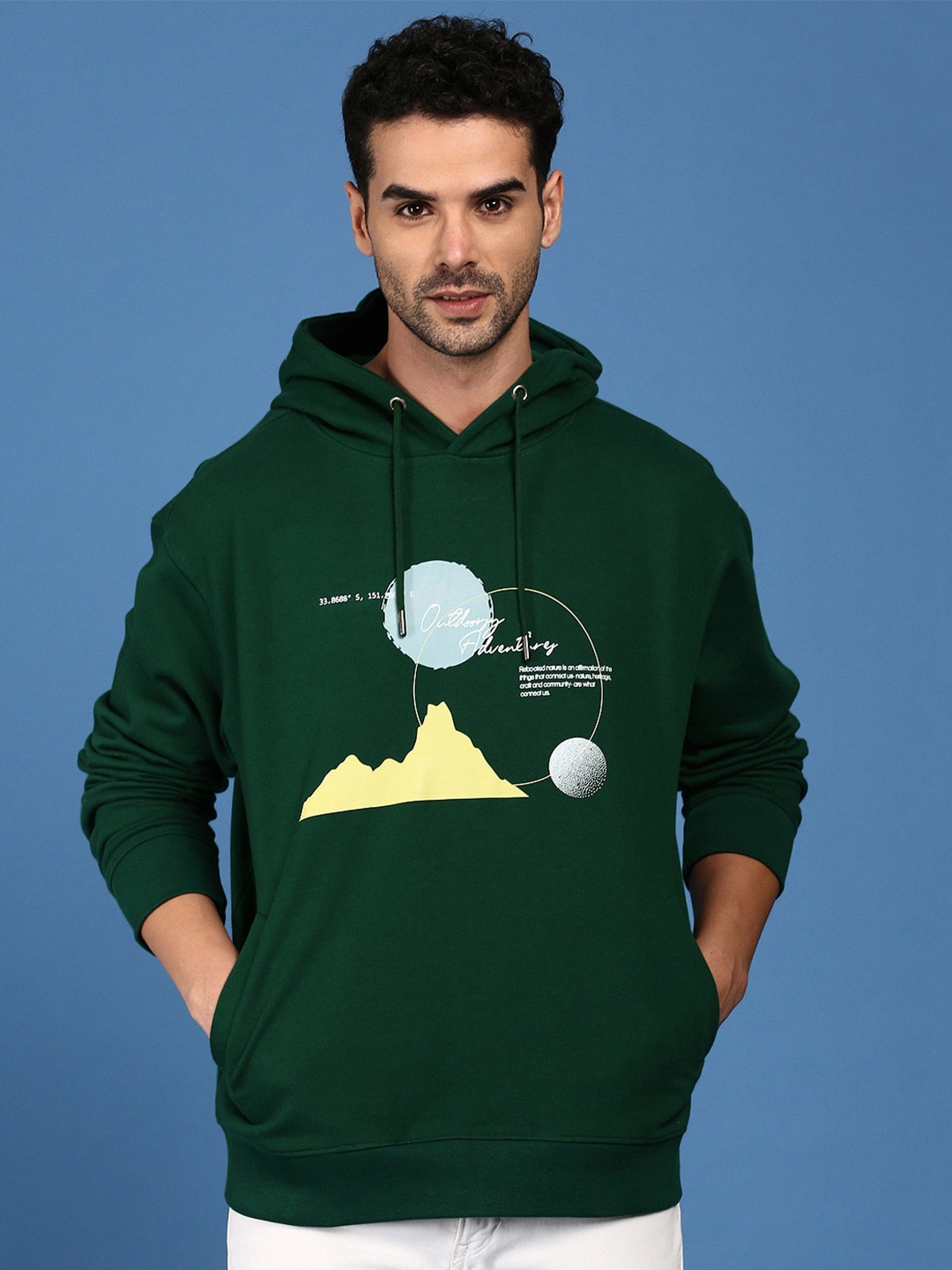 

Mast & Harbour Green Graphic Printed Hooded Cotton Pullover
