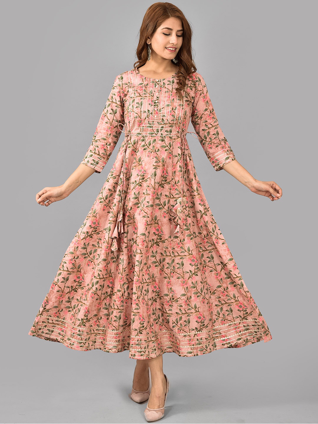 

AAYUMI Floral Printed Gotta Patti Tie Up Maxi Ethnic Dress, Pink
