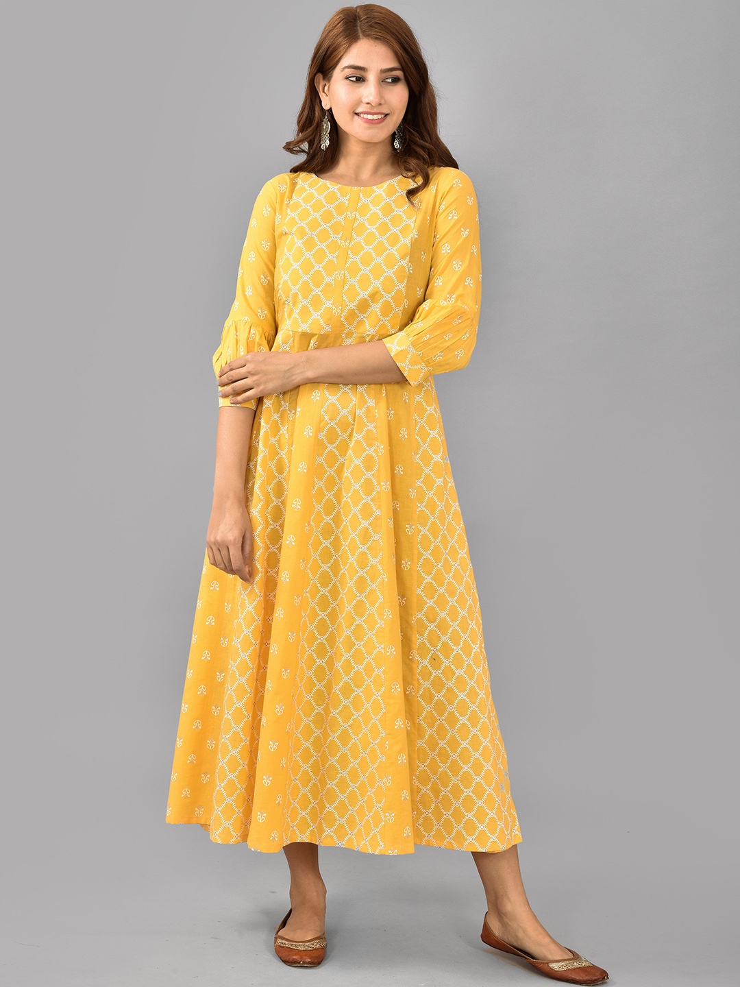 

AAYUMI Ethnic Motifs Mirror Work Cotton Round Neck Puff Sleeves A-Line Dress, Yellow