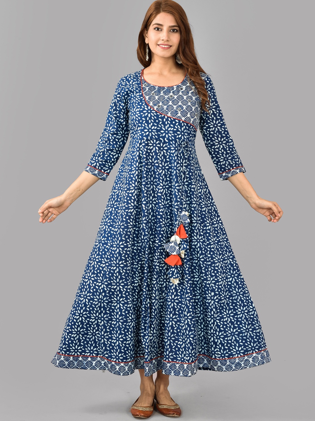 

AAYUMI Floral Printed Mirror Work Cotton Three-Quarter Sleeves A-Line Dress, Blue