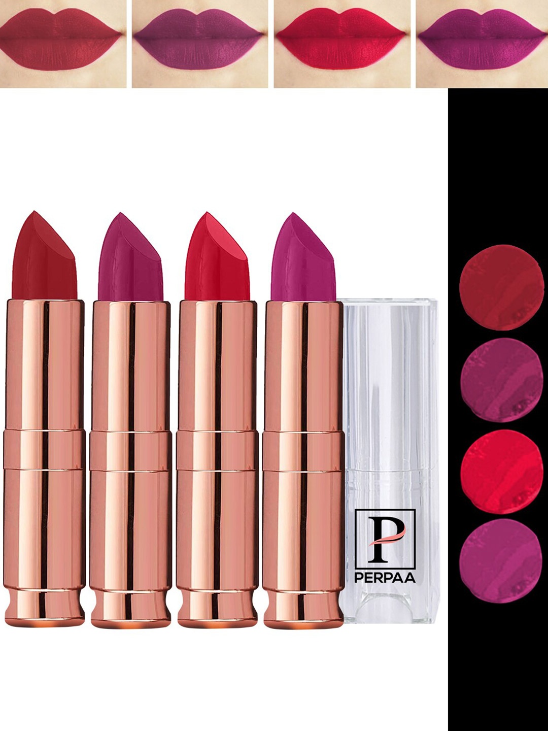 

PERPAA Antique Set Of 4 Velvet Matte Lipstick - 3.5g Each -Cherry Red-Red-Magenta-Rose Red, Purple