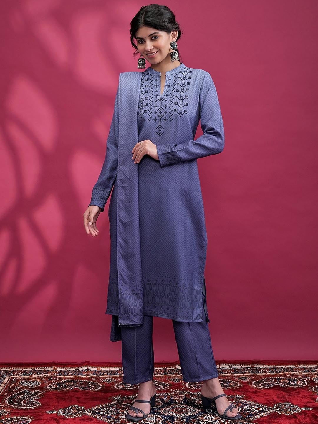 

Vishudh Blue Printed Yoke Design Thread Work Straight Kurta with Trouser & Dupatta
