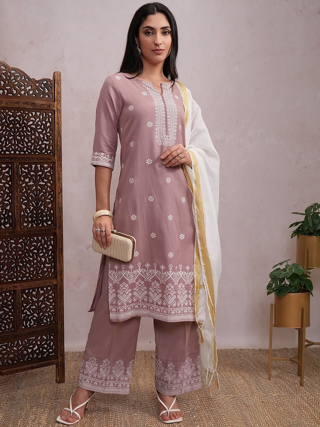 

Vishudh Rose Coloured Ethnic Motifs Printed Straight Kurta with Palazzos & Dupatta