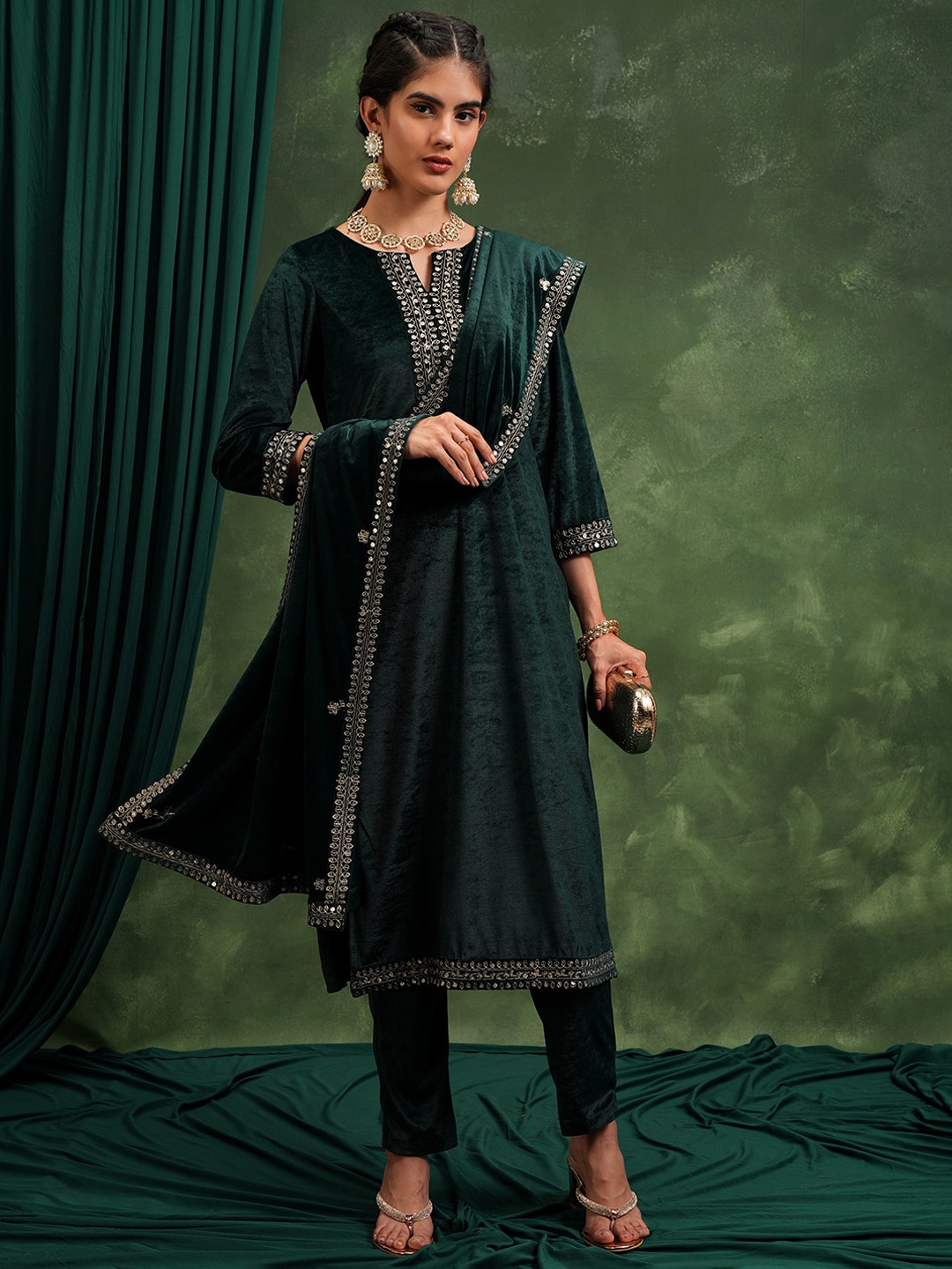 

Vishudh Green Ethnic Motifs Yoke Design Thread Work Straight Kurta with Trouser & Dupatta