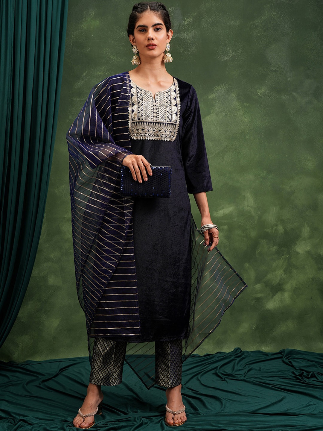 

Vishudh Blue Ethnic Motifs Yoke Design Thread Work Straight Kurta with Trouser & Dupatta, Navy blue