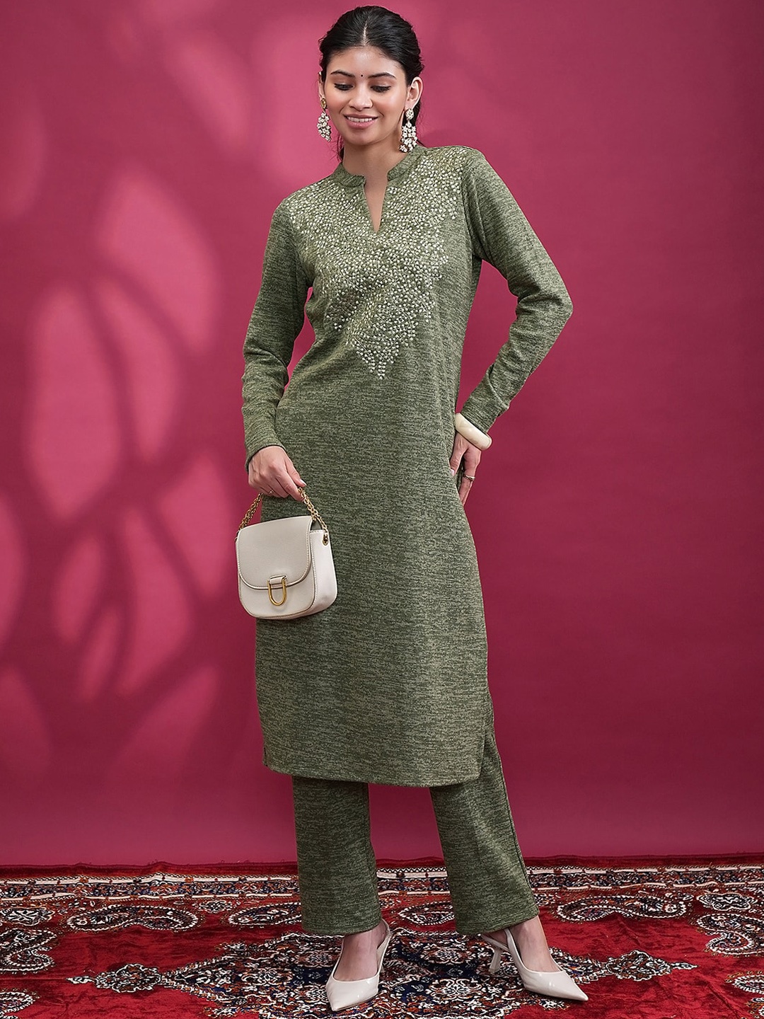 

Vishudh Olive Green Floral Embroidered Straight Kurta with Trousers