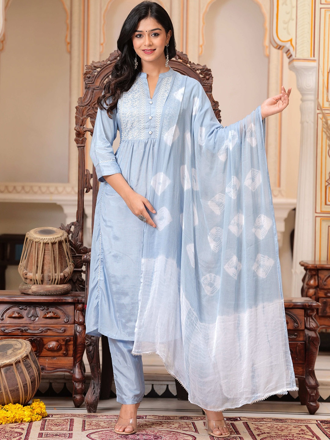 

SIDDHANAM Floral Embroidered Anarkali Kurta & Trousers With Dupatta, Blue
