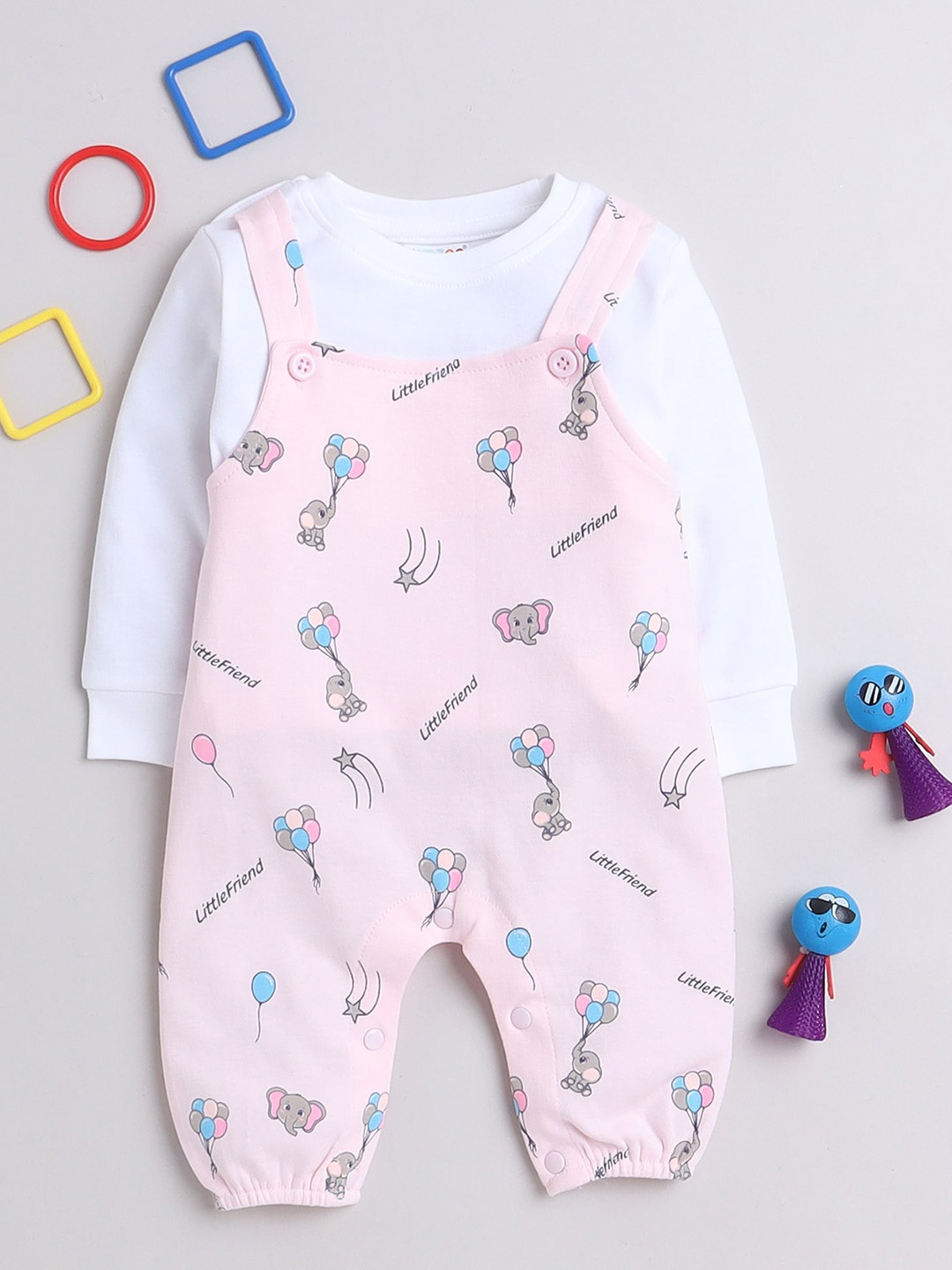 

BUMZEE Infant Girls Printed Cotton Dungaree With T-Shirt, Pink