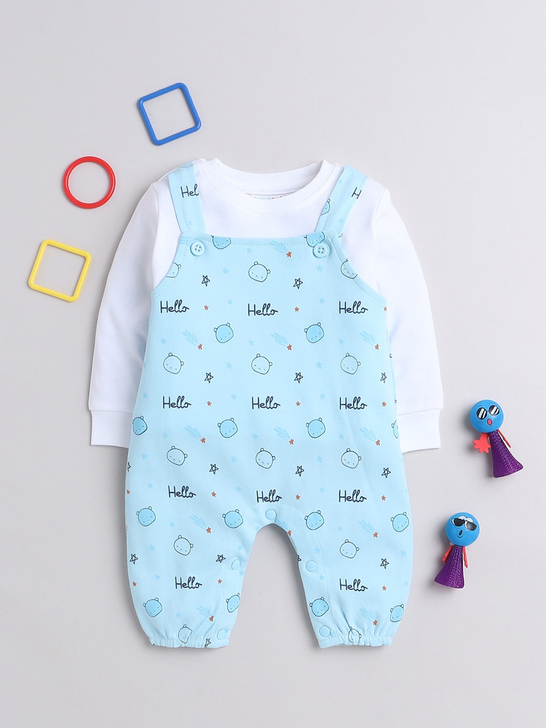 

BUMZEE Printed Cotton Dungaree With T-Shirt, Blue