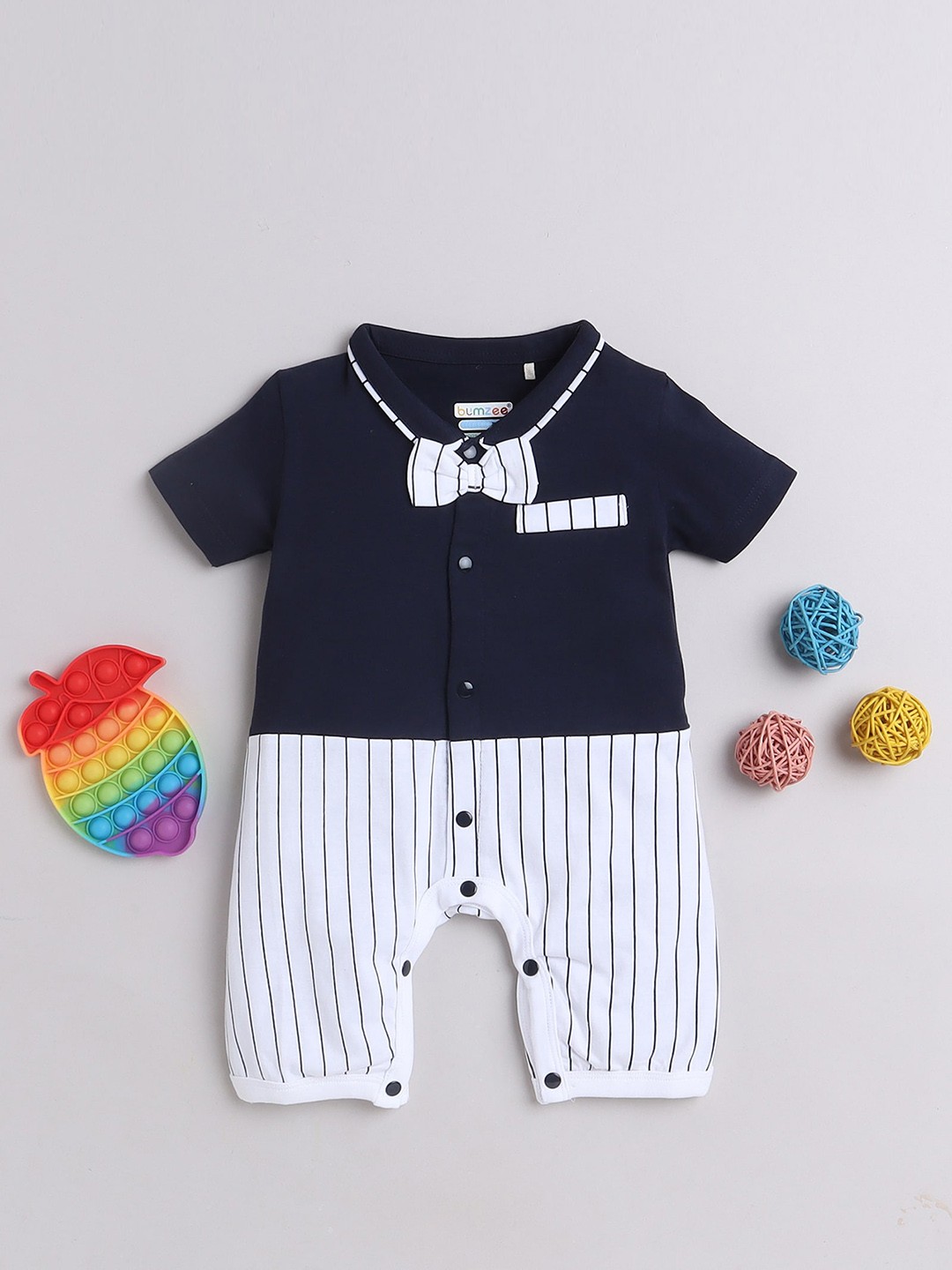

BUMZEE Infant Boys Striped Cotton Rompers With Bow Detail, Navy blue