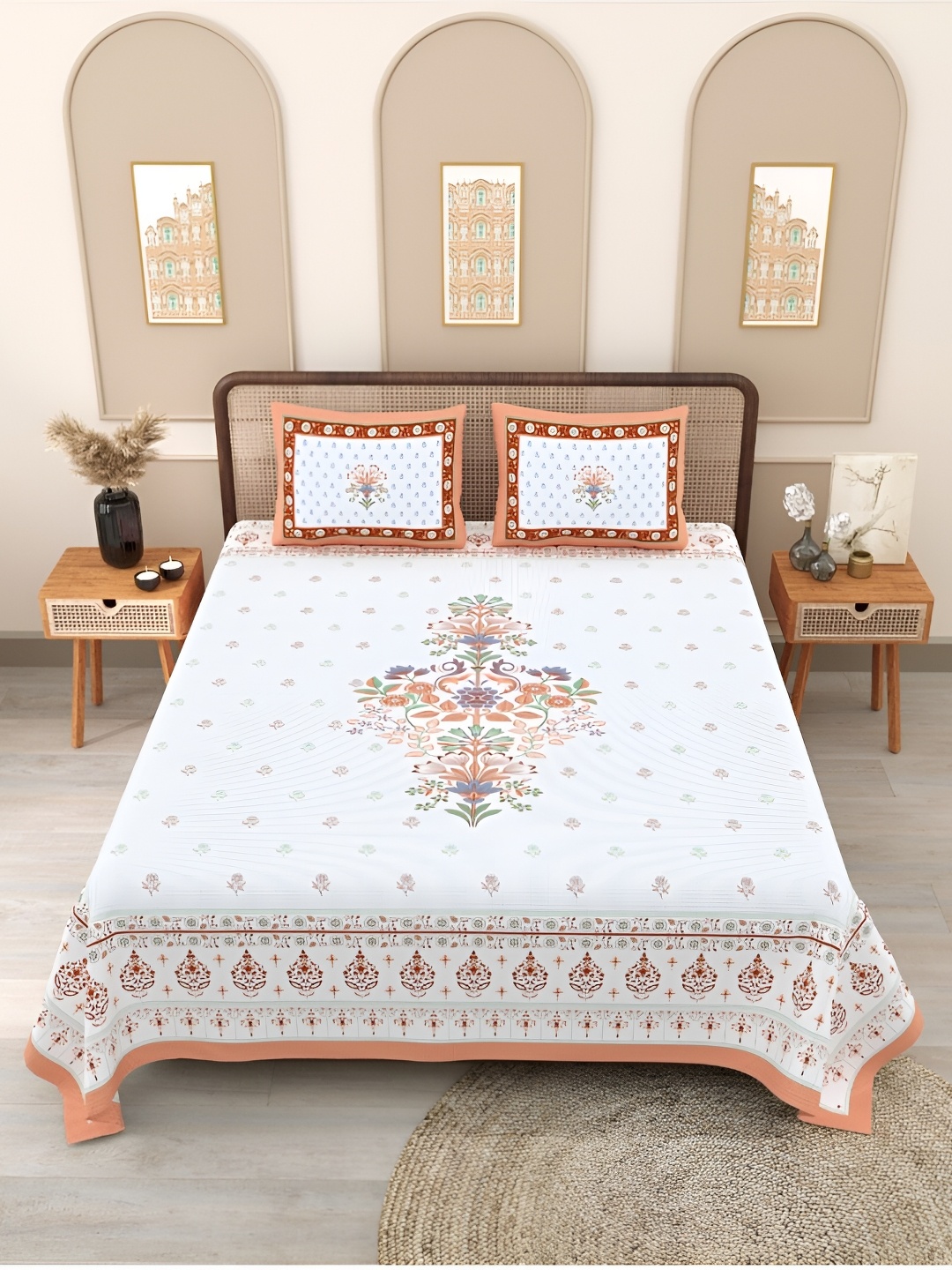 

Block Print Story White Floral 210 TC Cotton Fitted Queen Bedsheet with 2 Pillow Covers