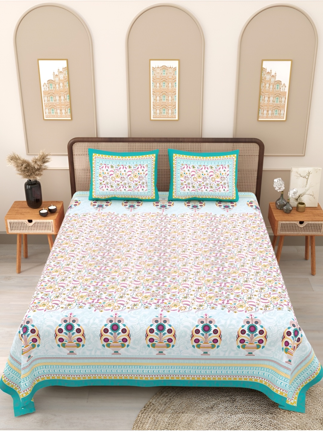 

Block Print Story Green & Yellow Floral 210 TC Cotton Queen Bedsheet with 2 Pillow Covers