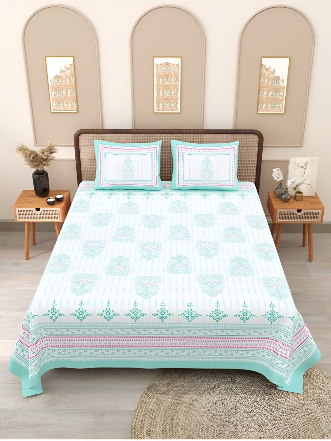 

Block Print Story White Ethnic Motifs 210 TC Cotton Queen Bedsheet with 2 Pillow Covers, Blue