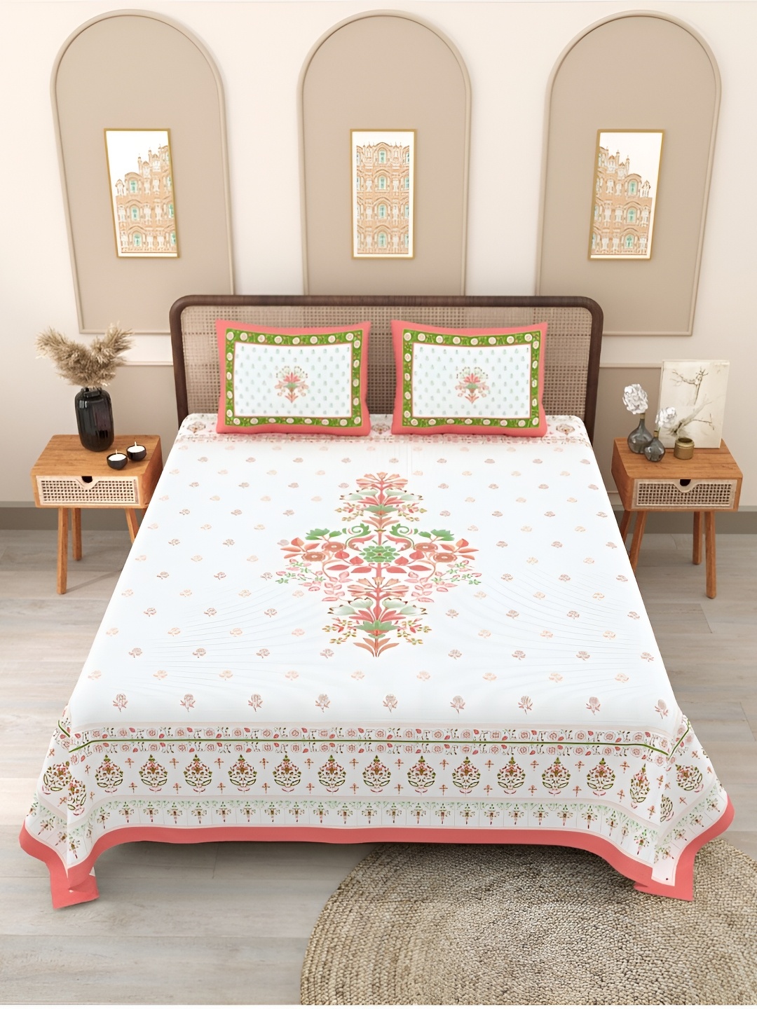 

Block Print Story White Ethnic 210 TC Cotton Fitted Queen Bedsheet with 2 Pillow Covers, Pink
