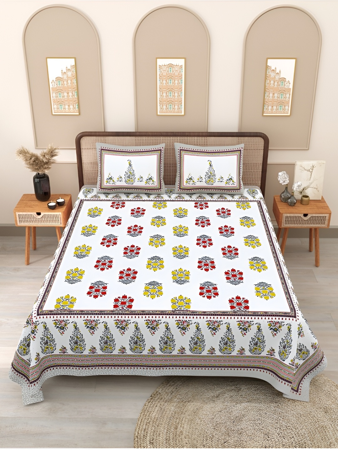 

Block Print Story White Ethnic 210 TC Cotton Fitted Queen Bedsheet with 2 Pillow Covers, Red