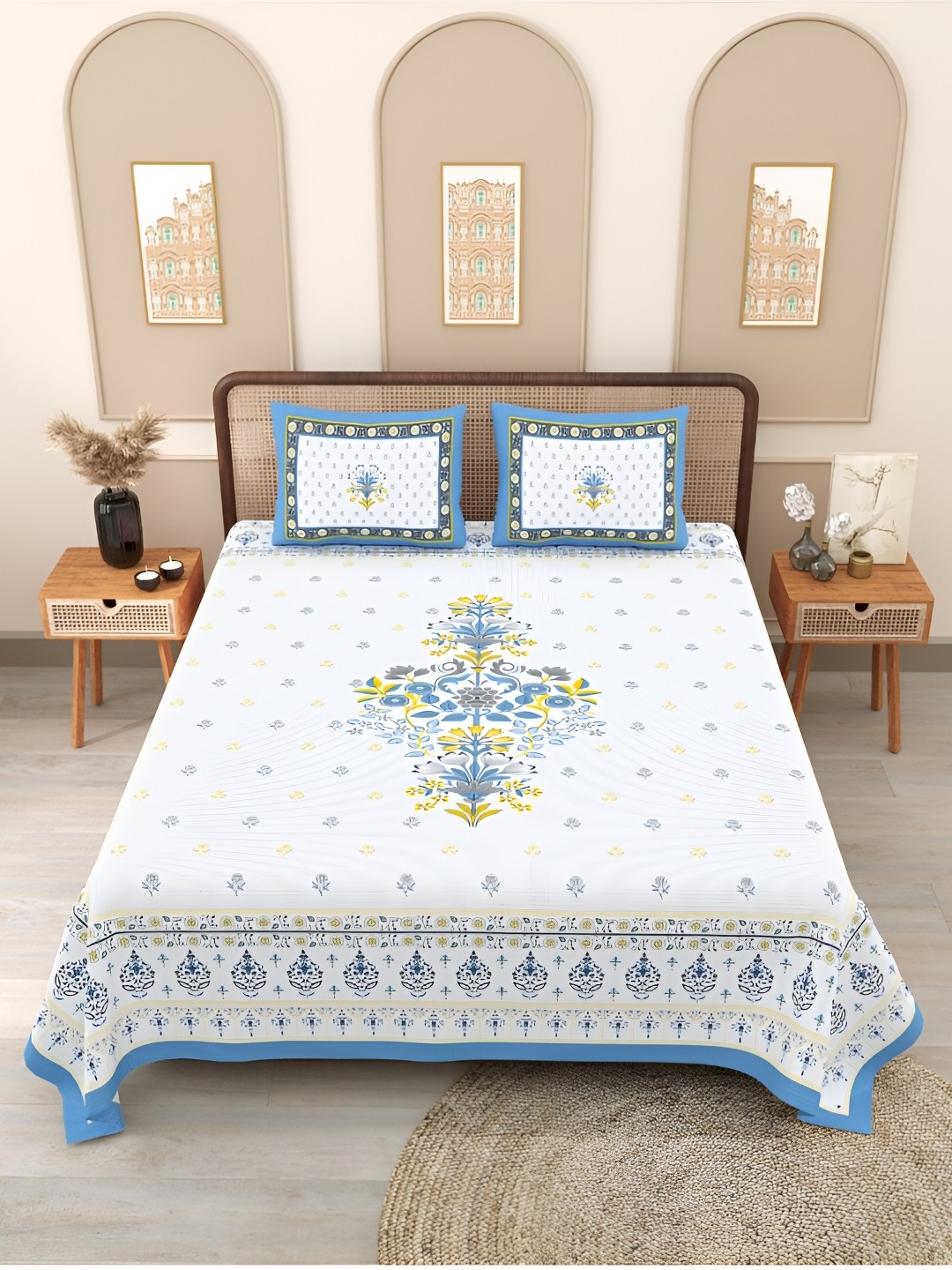 

Block Print Story White Ethnic 210 TC Cotton Fitted Queen Bedsheet with 2 Pillow Covers, Blue