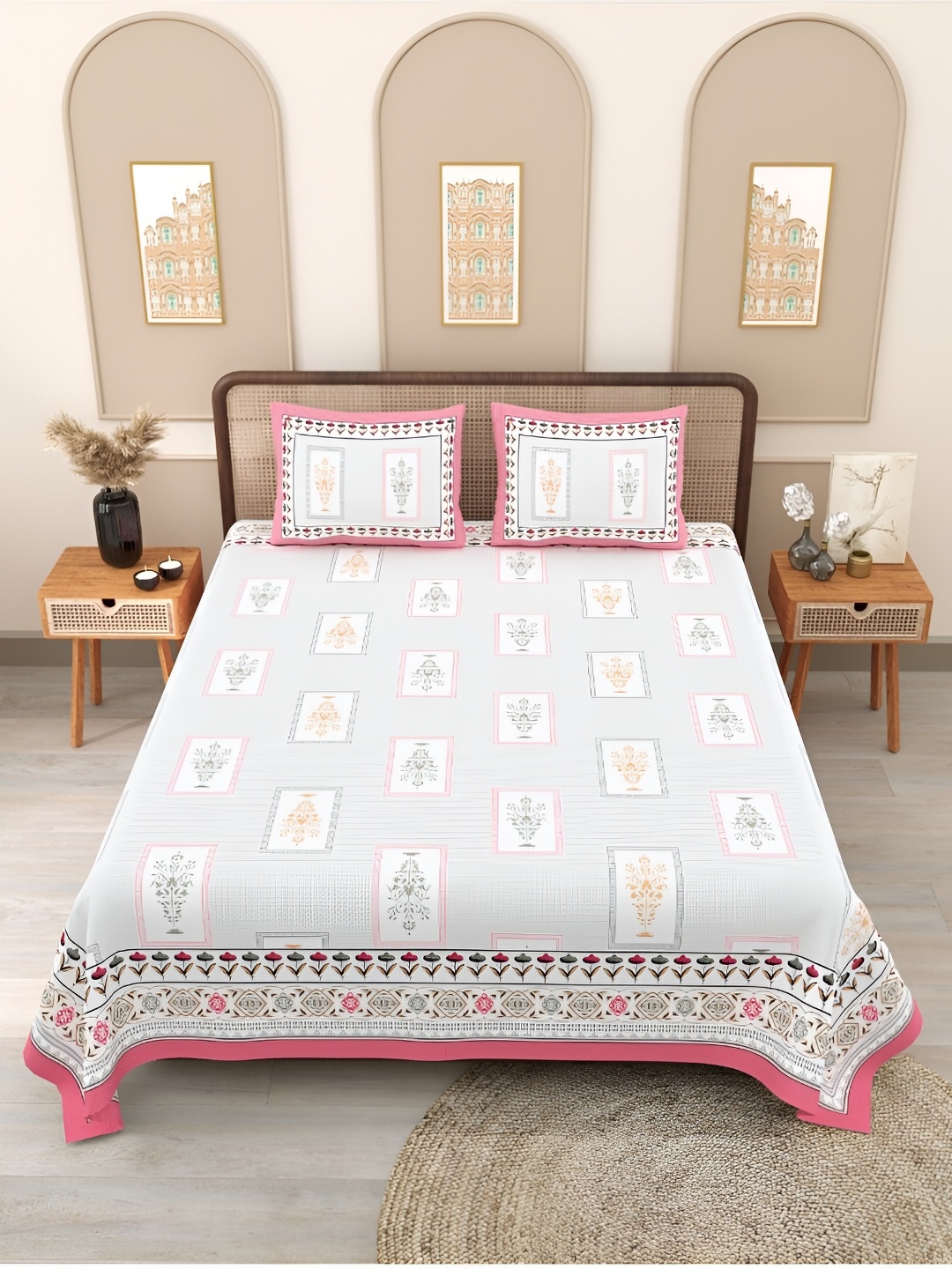 

Block Print Story White Ethnic 210 TC Cotton Fitted Queen Bedsheet with 2 Pillow Covers, Grey