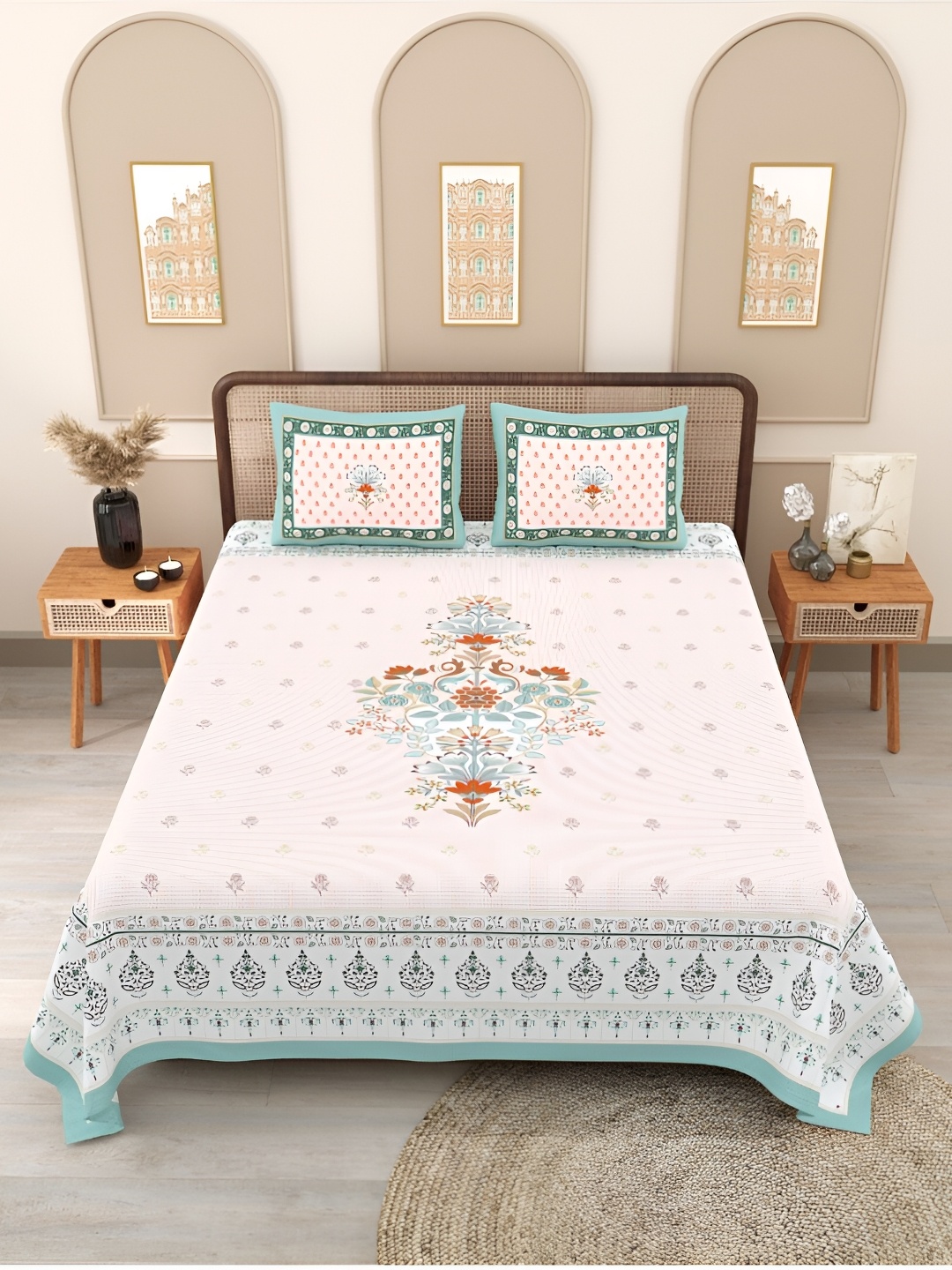 

Block Print Story White Ethnic 210 TC Cotton Fitted Queen Bedsheet with 2 Pillow Covers, Green