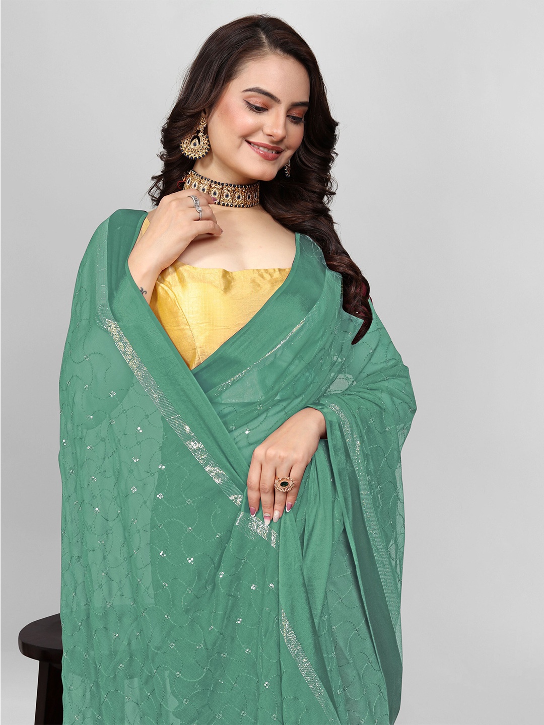 

Avojee Embellished Sequinned Zari Saree, Sea green