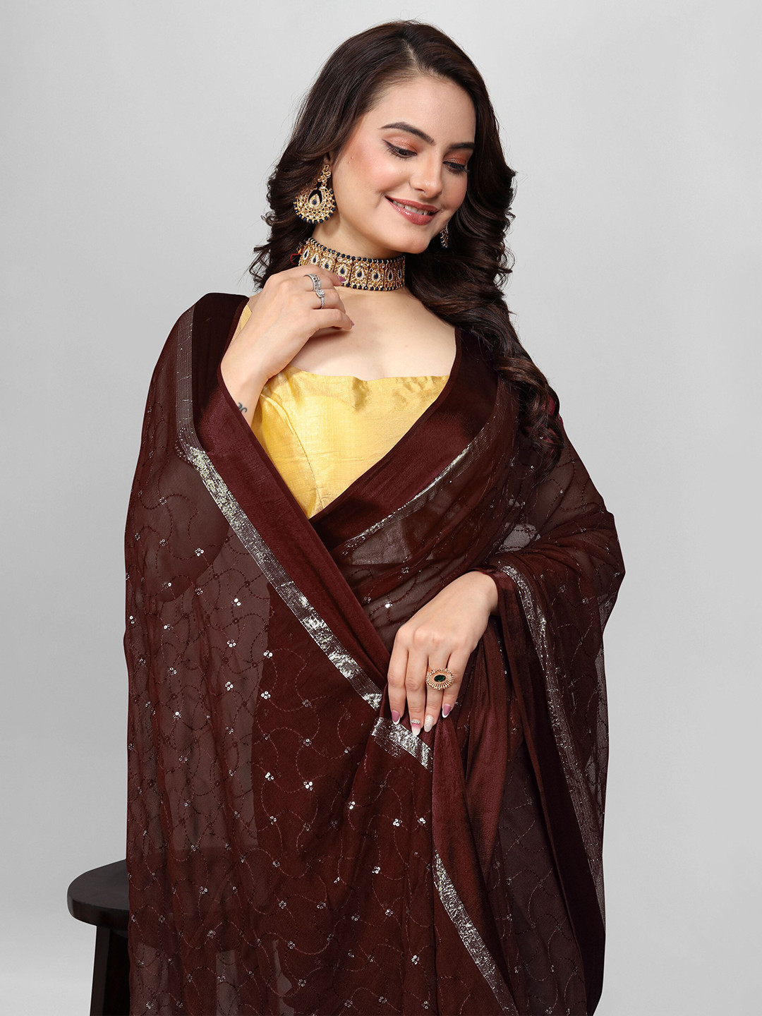 

Avojee Embellished Sequinned Saree, Coffee brown