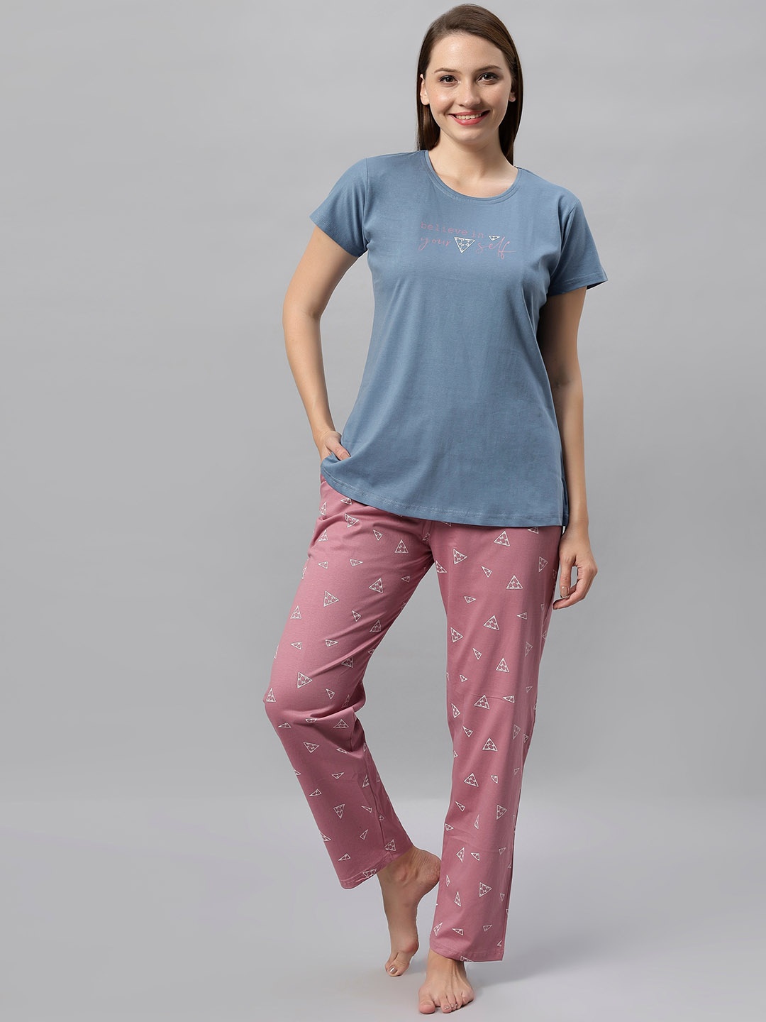 

DZZO Printed Pure Cotton Night suit, Blue