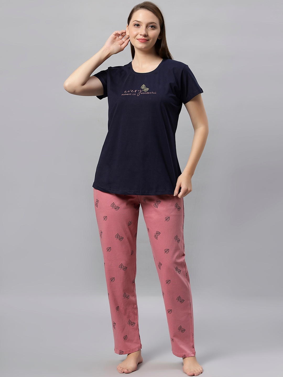 

DZZO Printed Pure Cotton Night suit, Navy blue