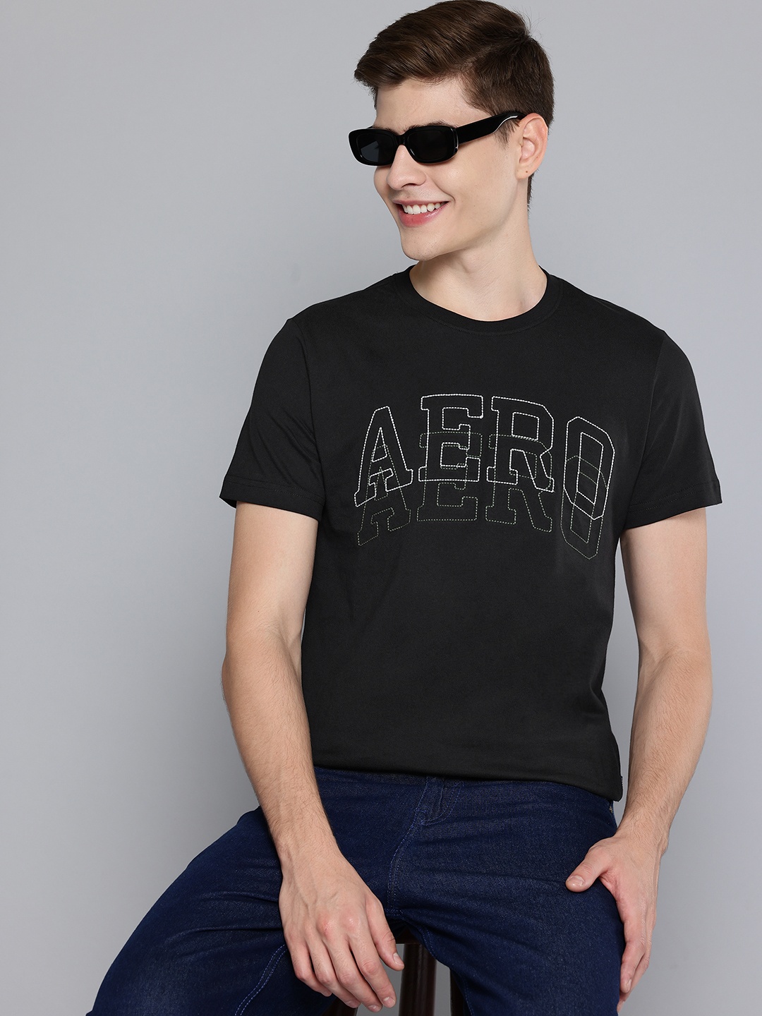 

Aeropostale Men Brand Logo Printed Pure Cotton T-shirt, Black