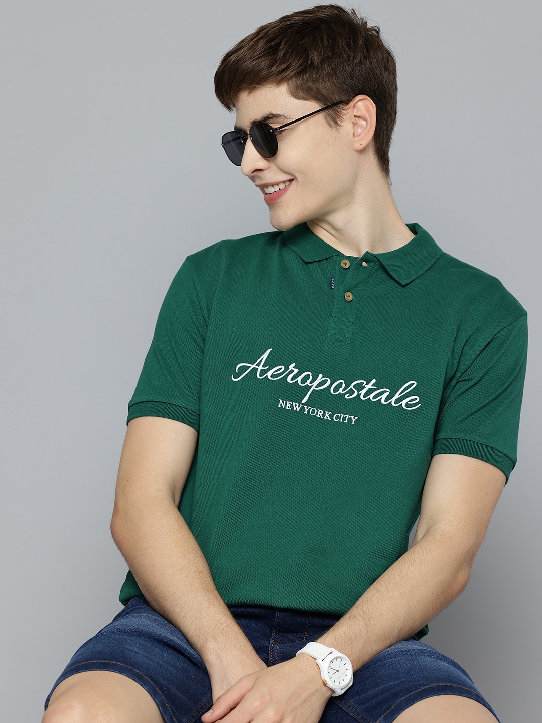 

Aeropostale Typography Polo Collar Pure Cotton T-shirt, Green