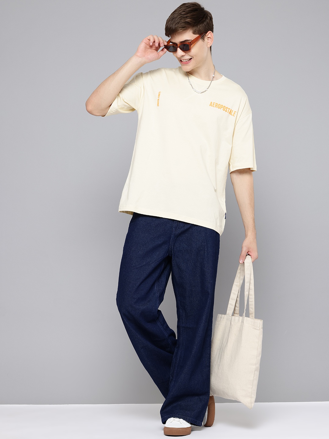 

Aeropostale Drop-Shoulder Pure Cotton Relaxed Fit T-shirt, Cream