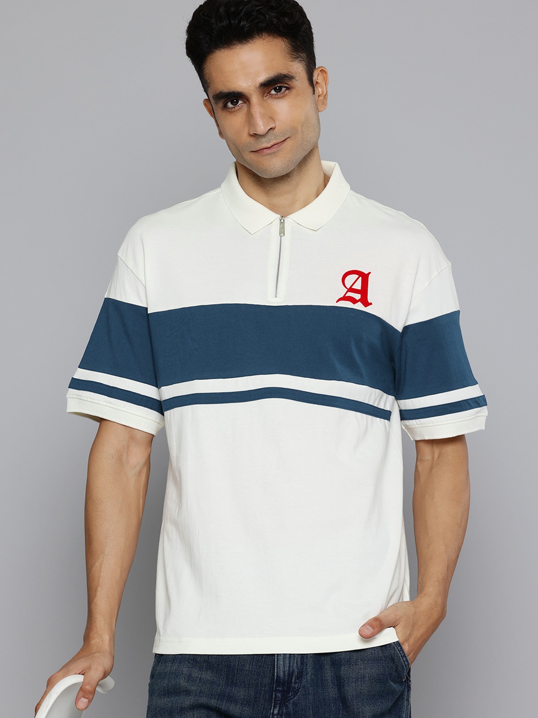 

Aeropostale Men Striped Polo Collar Pure Cotton T-shirt, Off white