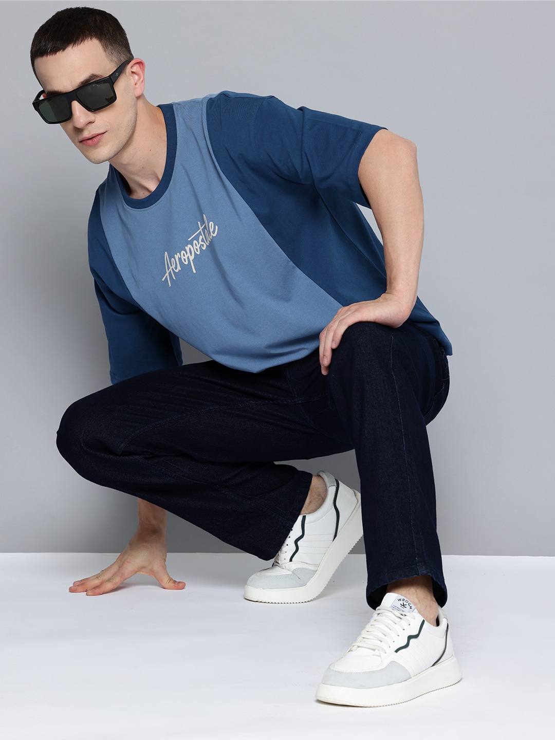 

Aeropostale Colourblocked Drop-Shoulder Sleeves Pure Cotton Relaxed Fit T-shirt, Blue