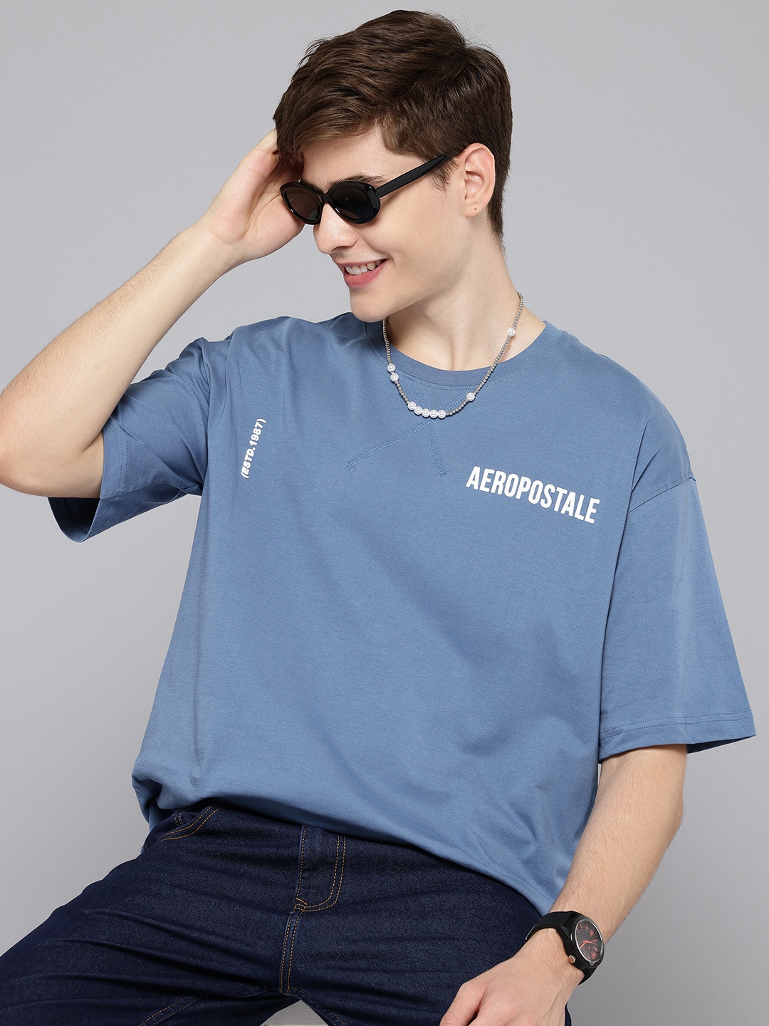 

Aeropostale Men Drop-Shoulder Sleeves Pure Cotton T-shirt, Blue