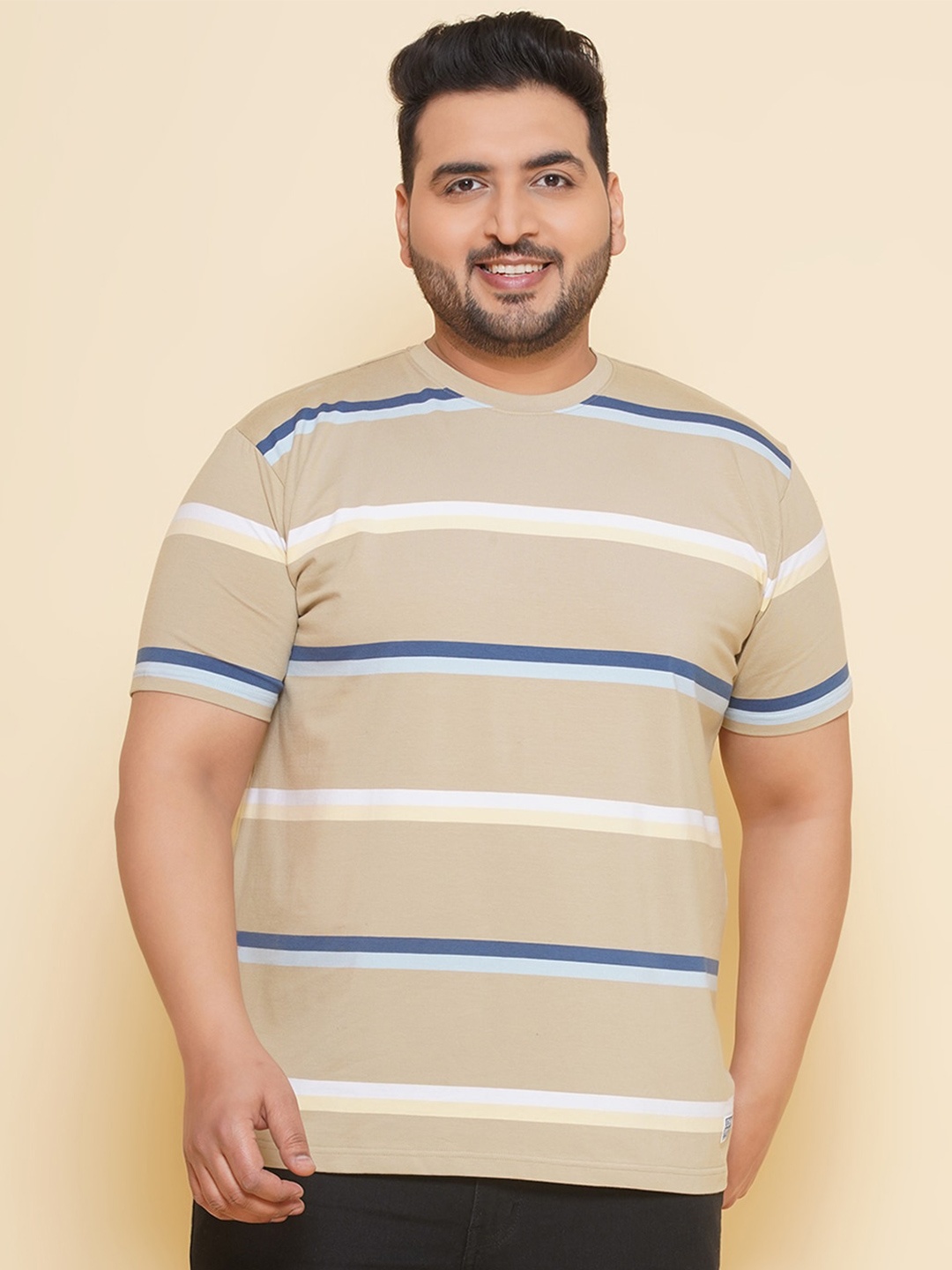 

John Pride Plus Size Horizontal Striped Cotton T-shirt, Brown