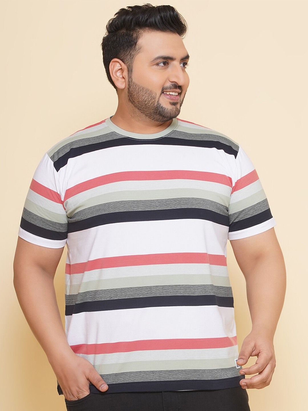 

John Pride Plus Size Striped Round Neck T-shirt, White