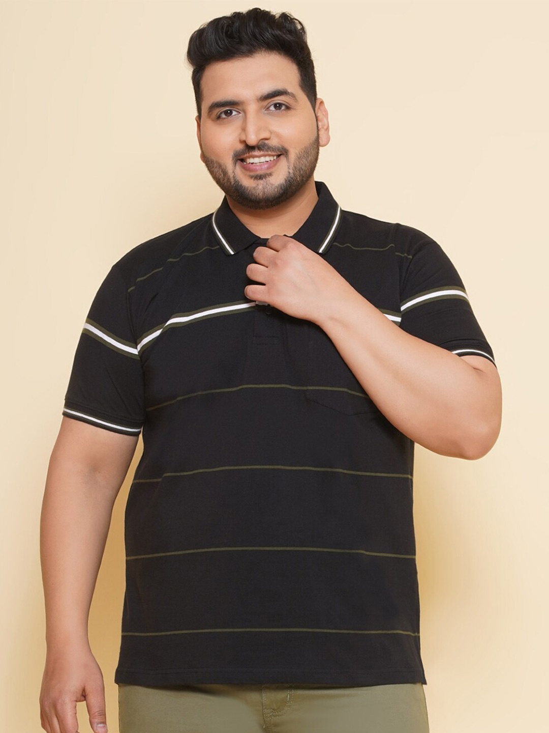 

John Pride Plus Size Horizontal Striped Polo Collar Cotton T-shirt, Navy blue