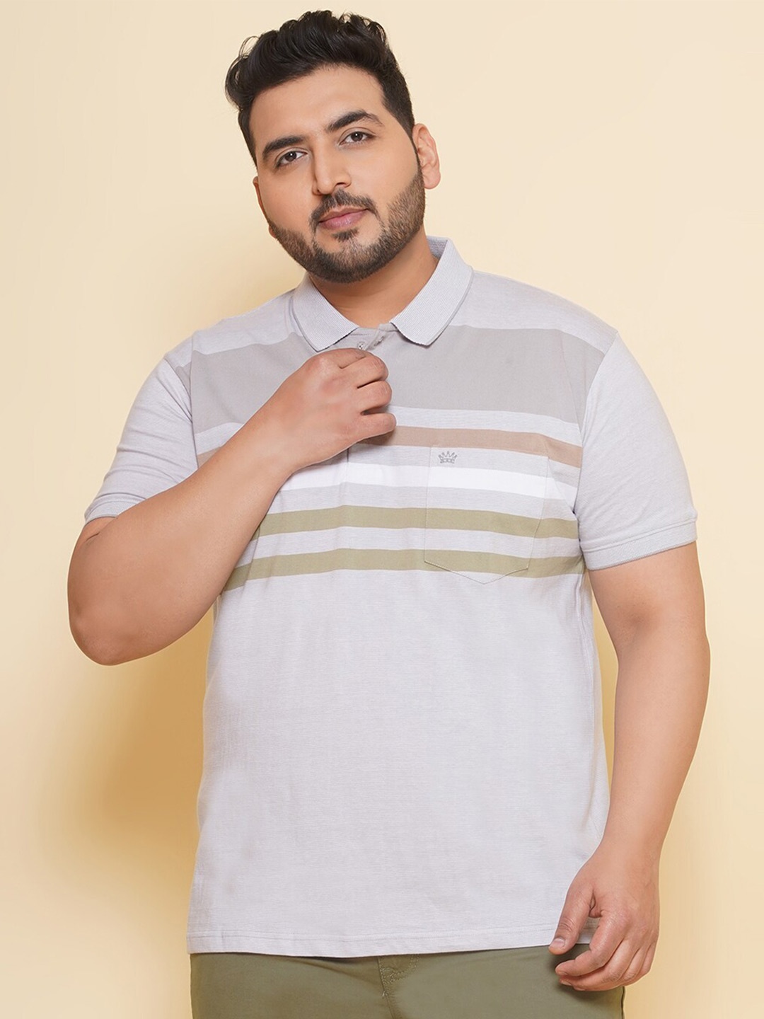 

John Pride Plus Size Horizontal Striped Polo Collar Cotton T-shirt, Grey