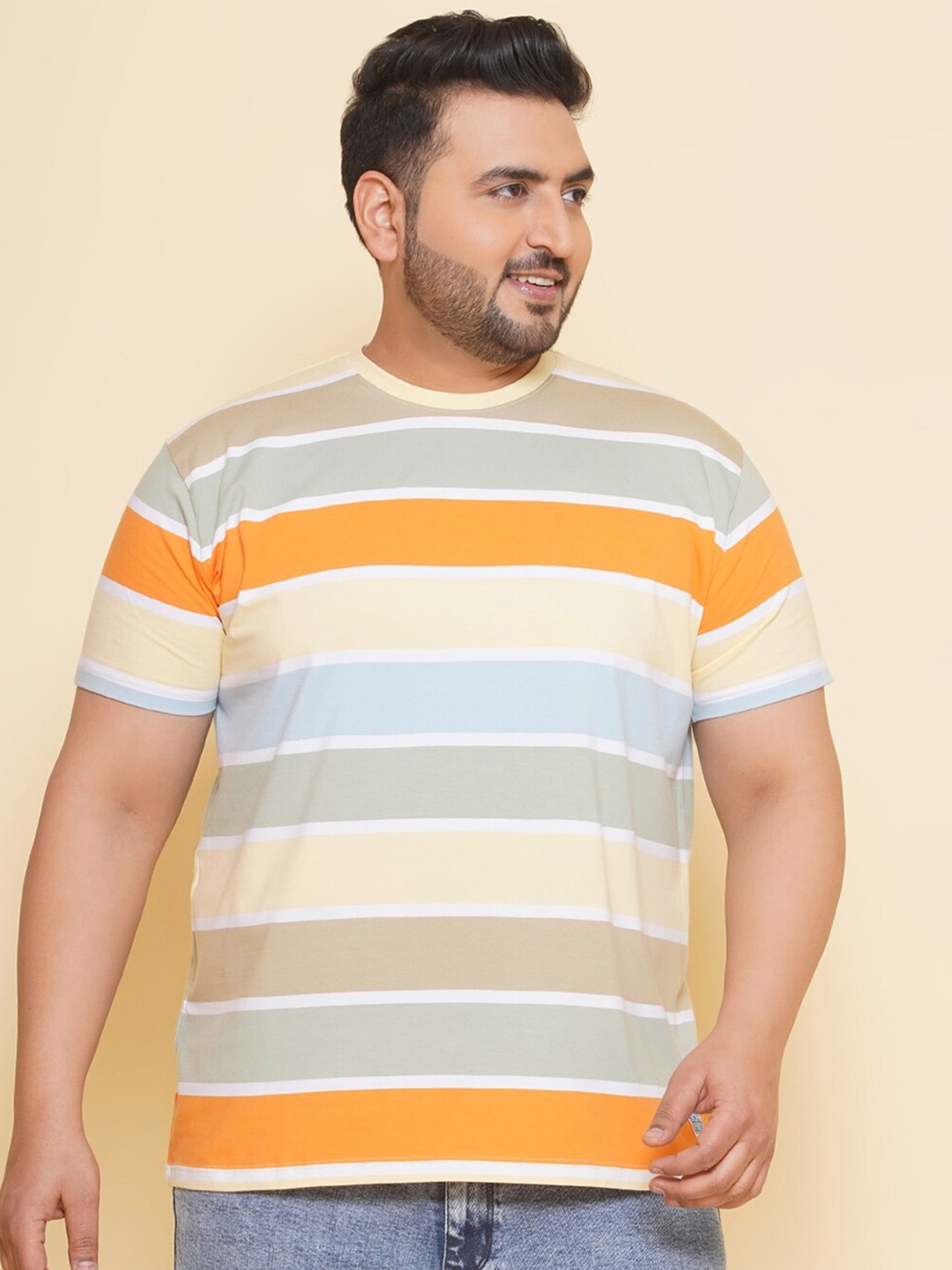 

John Pride Plus Size Horizontal Striped Cotton T-shirt, Yellow