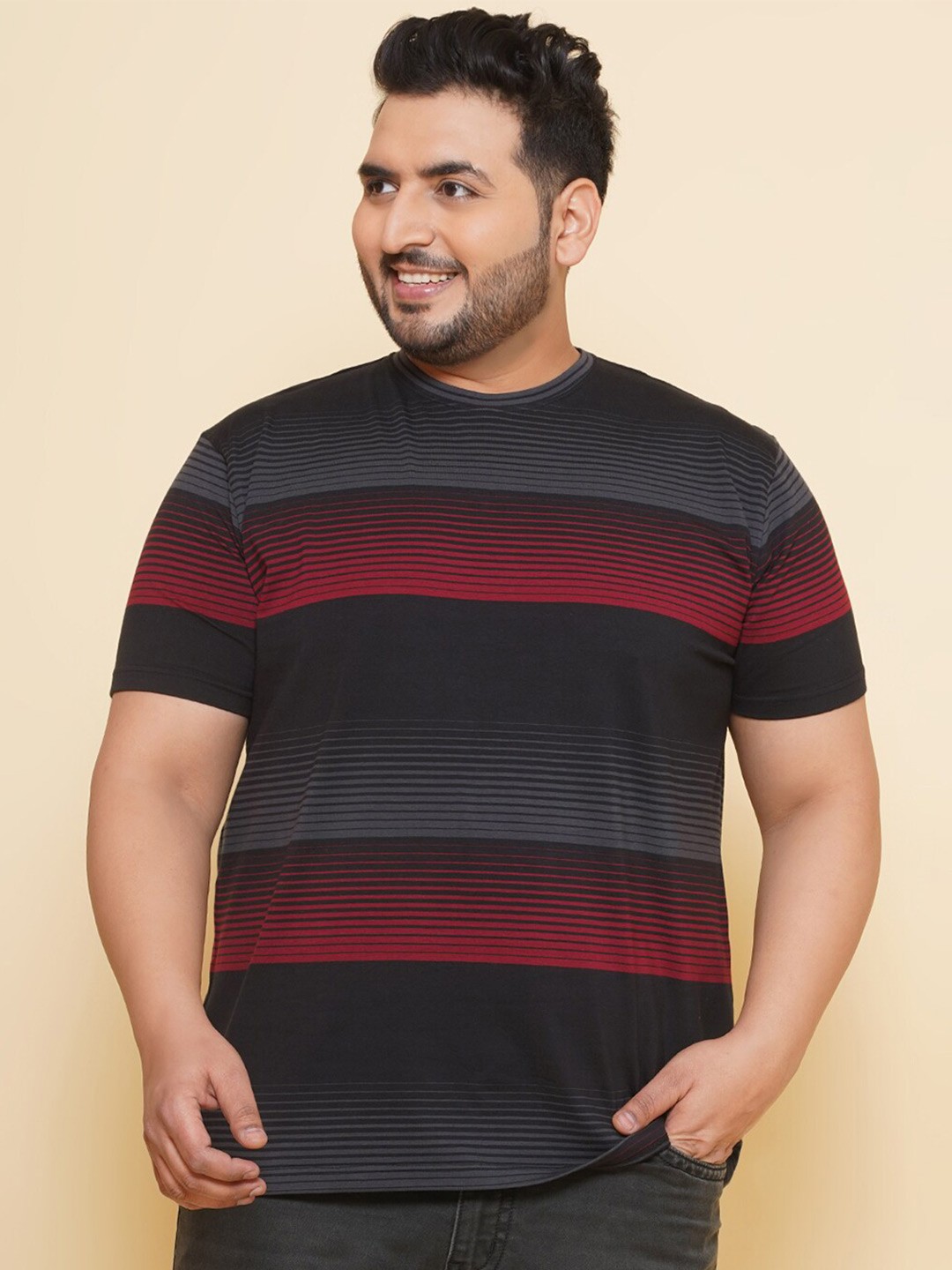 

John Pride Plus Size Horizontal Striped Cotton T-shirt, Black