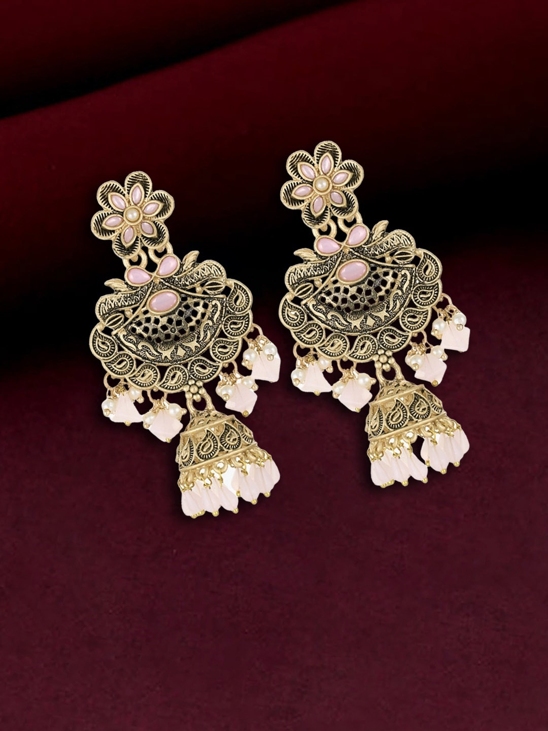 

Anouk Gold-Plated Stone-Studded and Beaded Dome Shaped Jhumkas
