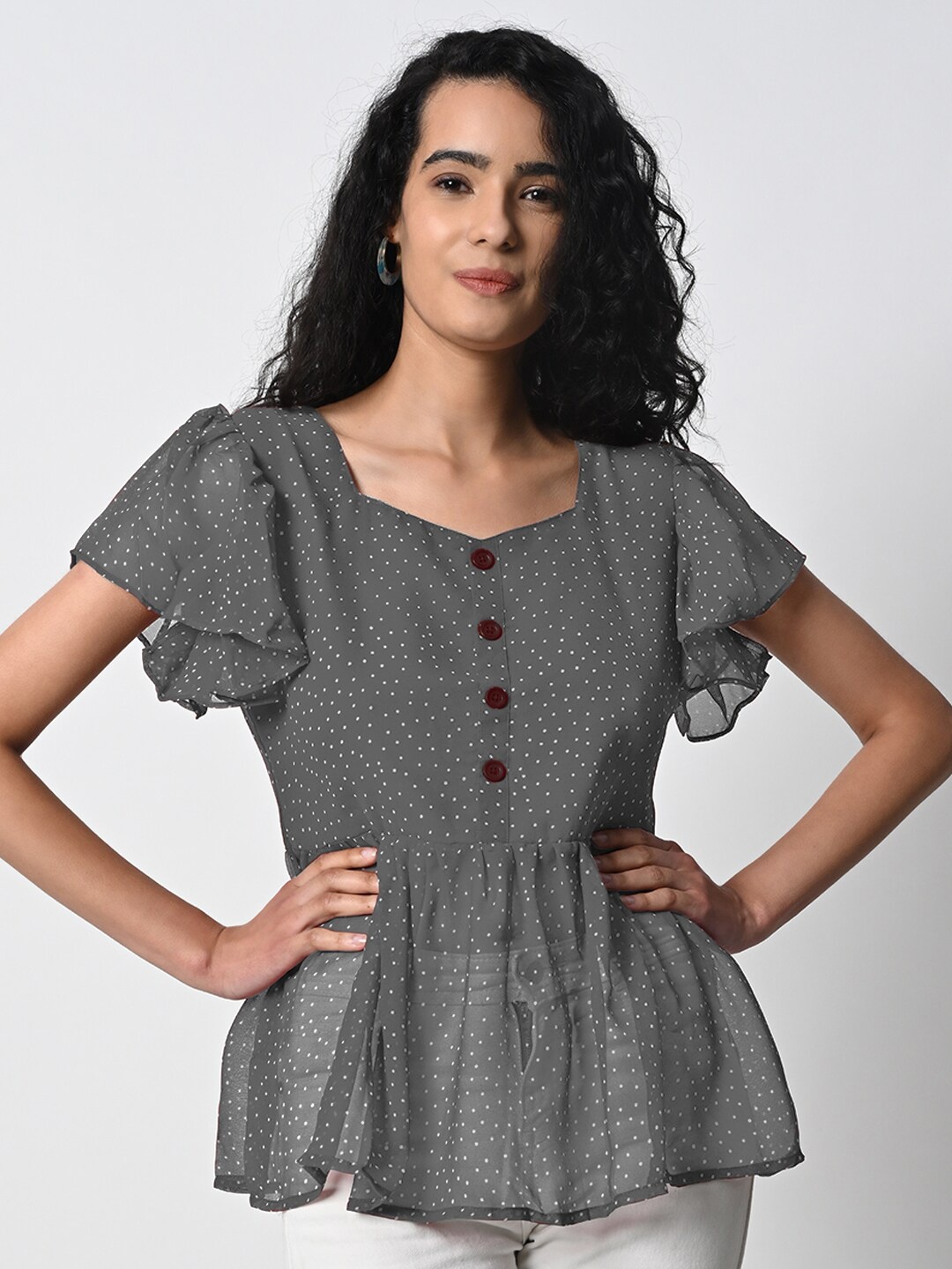 

Prettify Polka Dot Printed Flared Sleeve Peplum Top, Grey