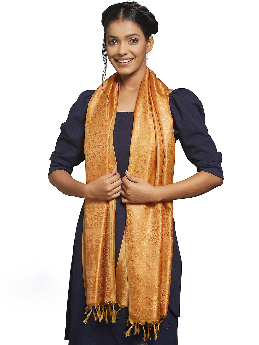 

CrossKulture Women Silk Self Design Scarf, Yellow