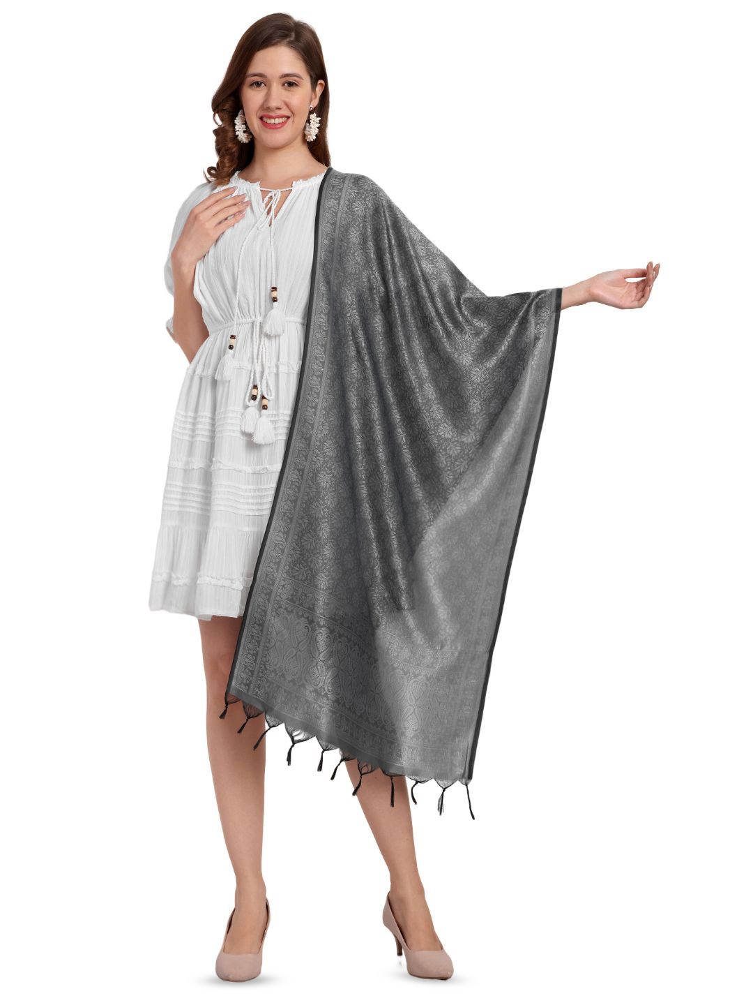 

CrossKulture Women Silk Self Design Scarf, Grey